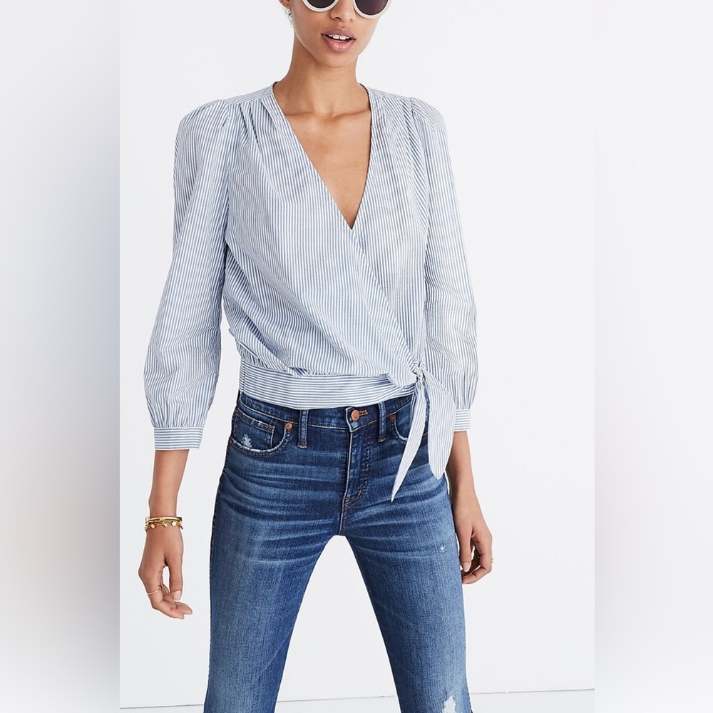 NWT Madewell Wrap Top Blouse in Indigo Stripe Puff Balloon Sleeve Cotton Sz S